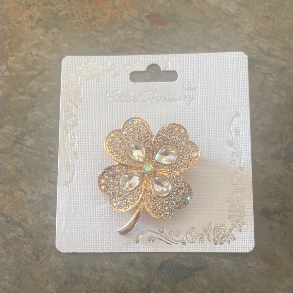 Gold 4 Leaf Clover Brooch with Crystal Accents NWOT